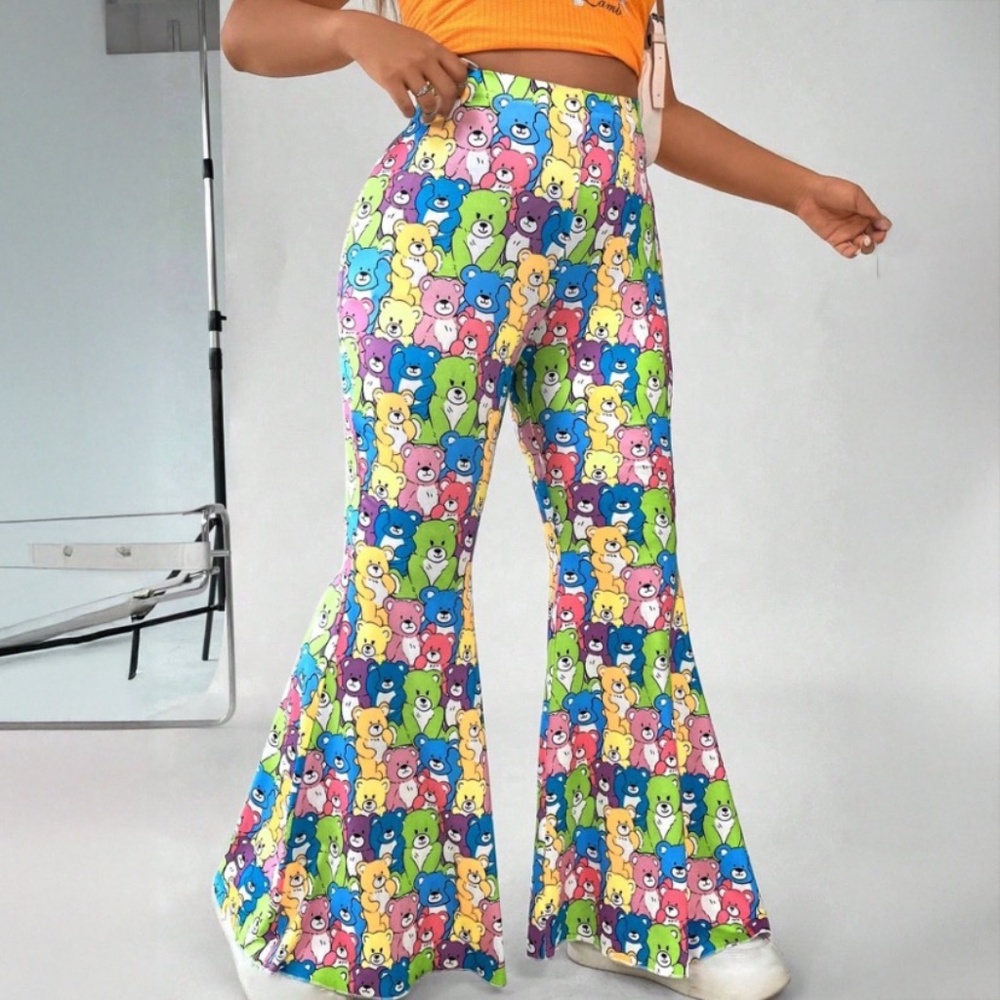 SHEIN Curve Allover Teddy Bear Print Loungewear Fresh Flare Leg Pants Plus 4XL